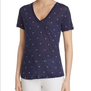Rails Clara Navy Palm V-Neck Linen Tee, Large